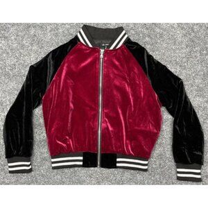 Girls' Red Velvet Bomber Jacket with Black Sleeves